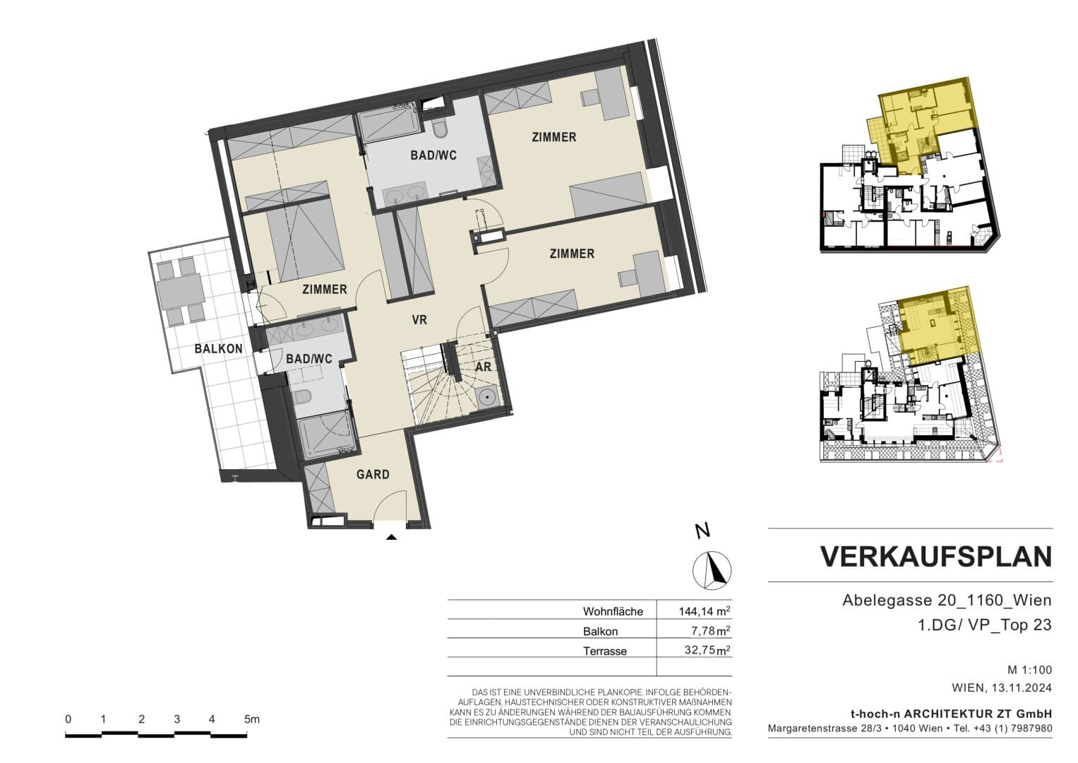 Grundriss Top 23 — Abelegasse 20 — 4 Zimmer — 144 m² — 1st attic floor / 2nd attic floor — Grundriss 2/2