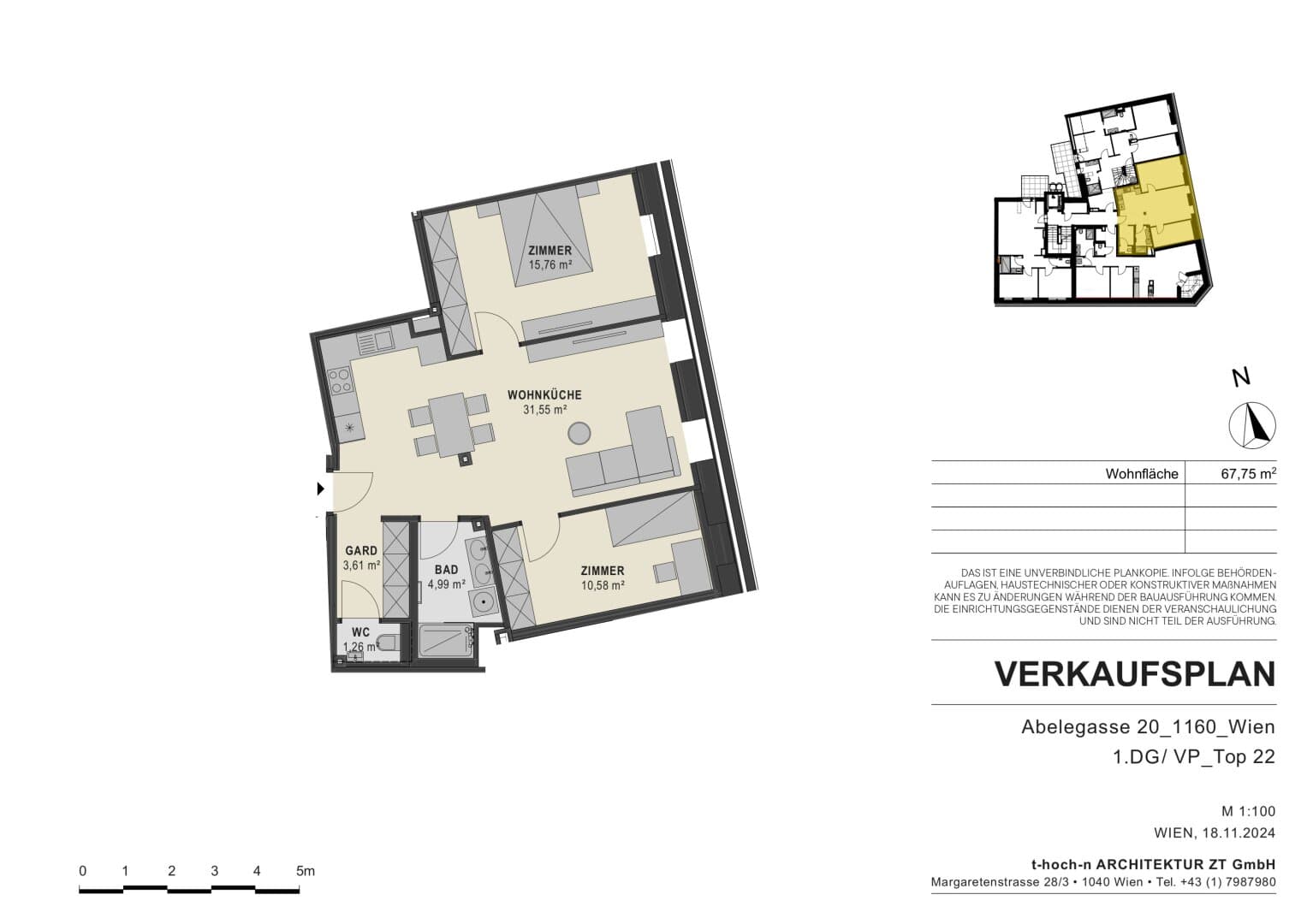 Grundriss Top 22 — Abelegasse 20 — 3 Zimmer — 68 m² — 1st attic floor
