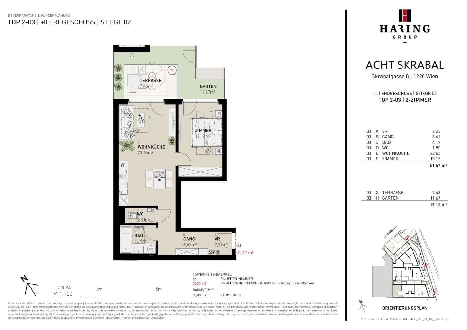 Grundriss Top 2-03 — Acht Skrabal — 2 Zimmer — 51,7 m² — Ground floor