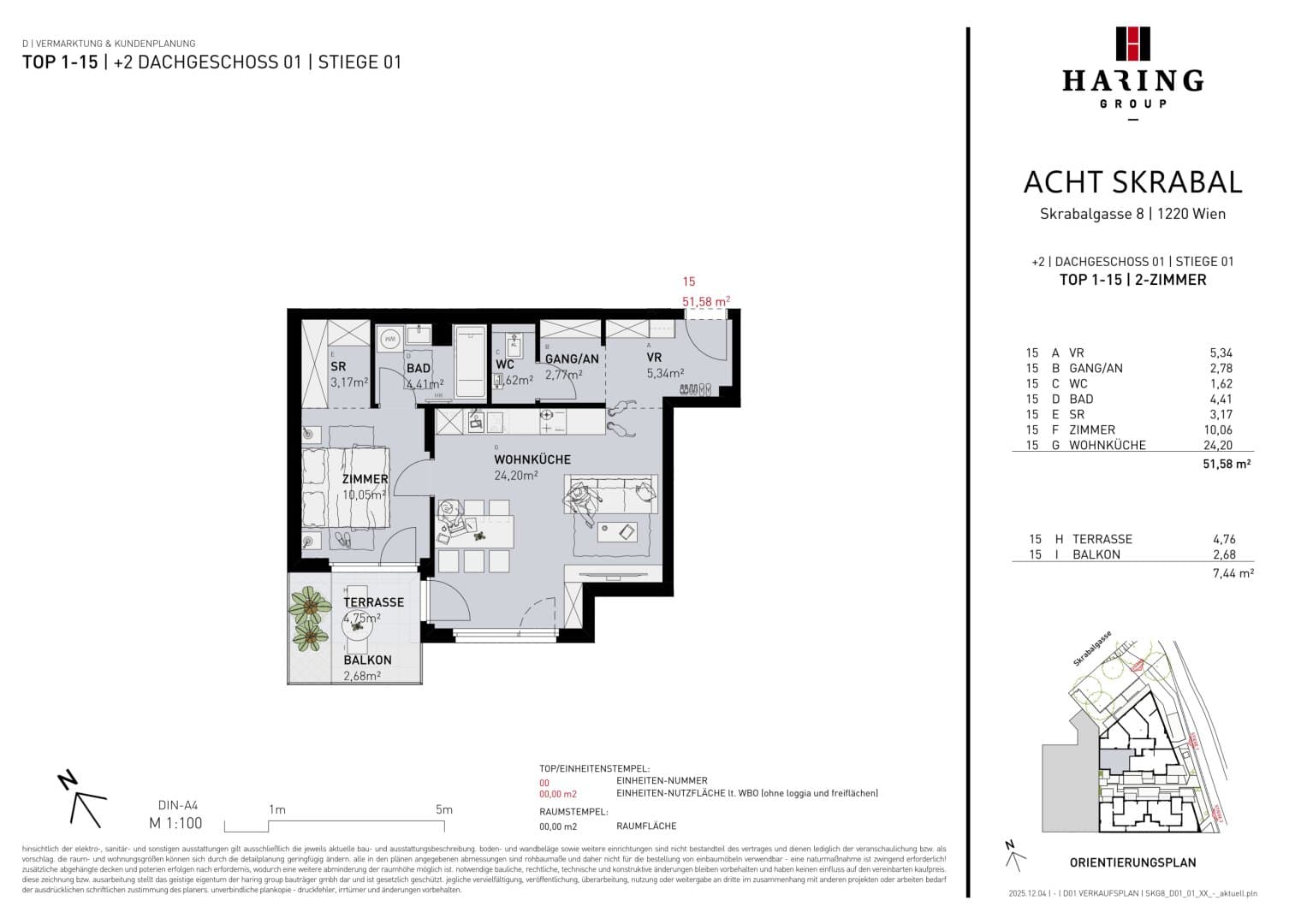 Grundriss Top 1-15 — Acht Skrabal — 2 Zimmer — 51,6 m² — 1st floor
