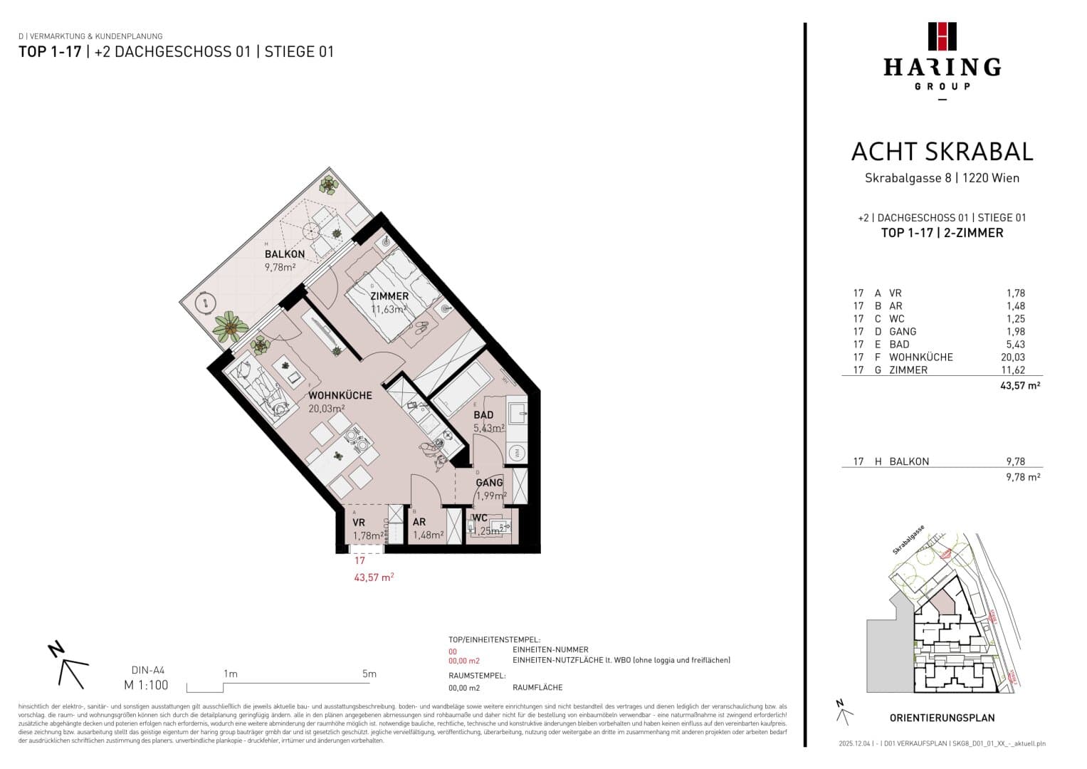 Grundriss Top 1-17 — Acht Skrabal — 2 Zimmer — 43,6 m² — 1st floor