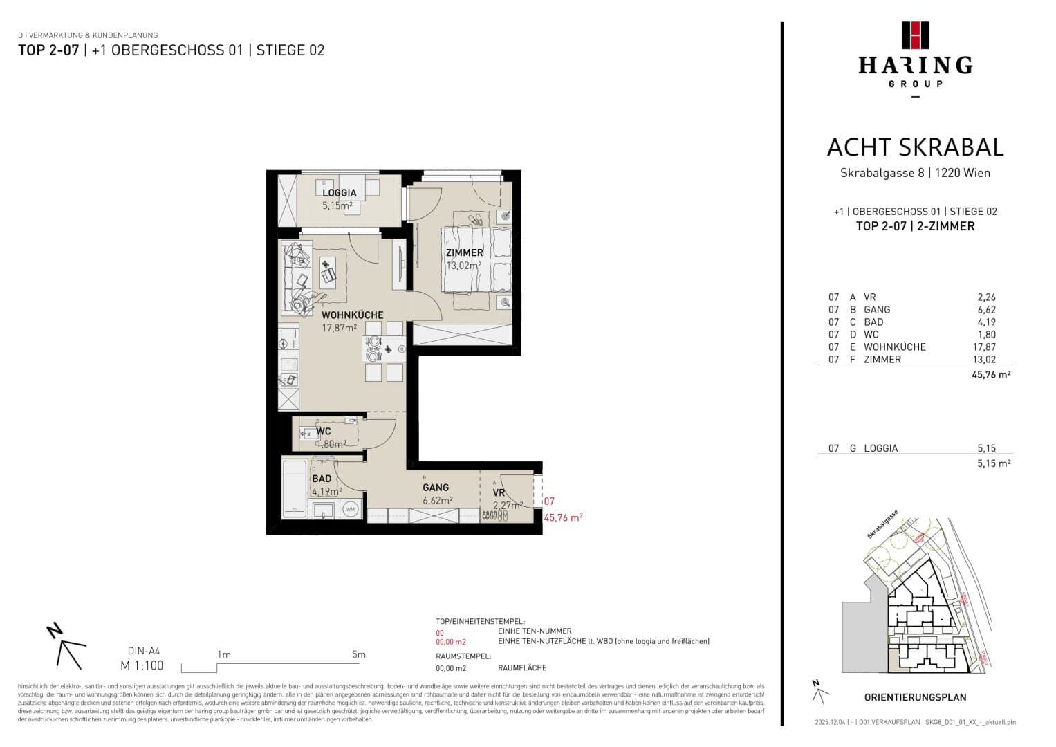Grundriss Top 2-07 — Acht Skrabal — 2 Zimmer — 45,8 m² — WNFL: