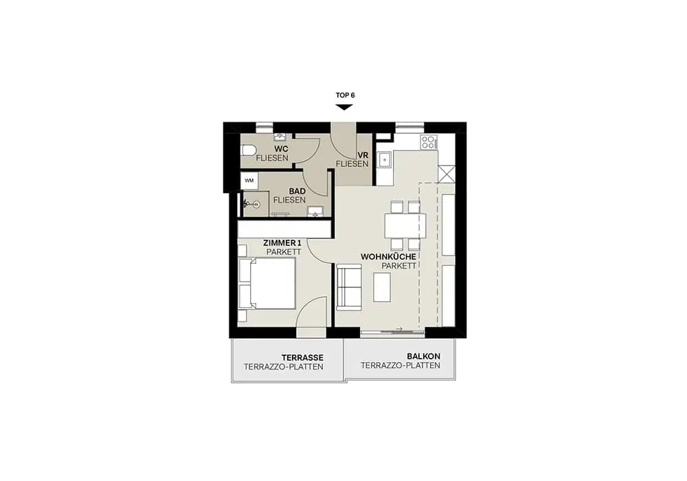 Grundriss TOP 1.6 — Argonautenstraße 3 — 2 Zimmer — 48,6 m² — Attic floor