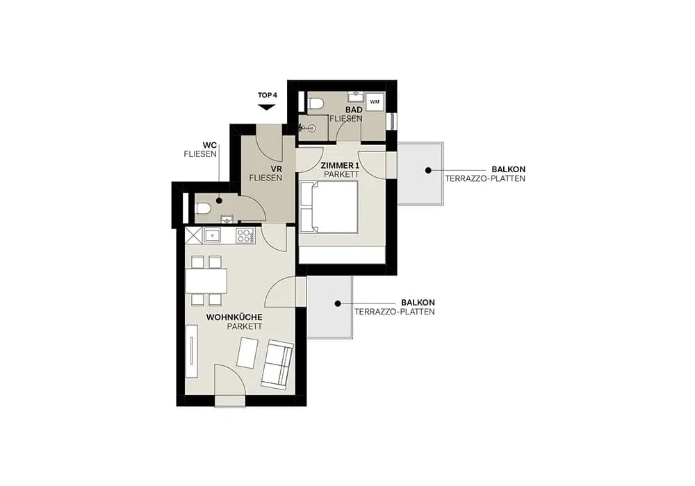 Grundriss TOP 2.4 — Argonautenstraße 3 — 2 Zimmer — 46,4 m² — Upper floor