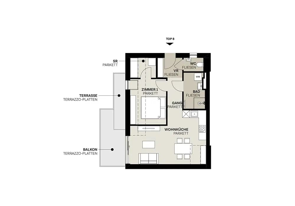 Grundriss TOP 1.8 — Argonautenstraße 3 — 2 Zimmer — 49,6 m² — Attic floor