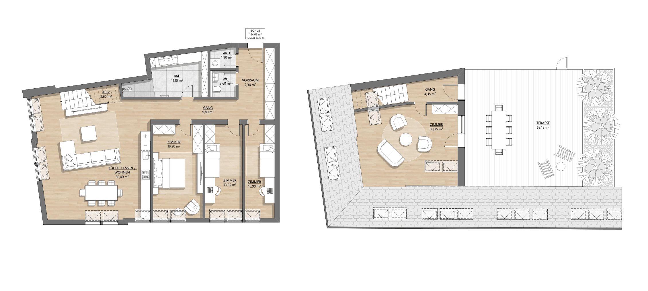 Grundriss Top 2-28 — AH11 — 4 Zimmer — 200 m² — Attic floor — Eingang Embelgasse — Grundriss 1/2