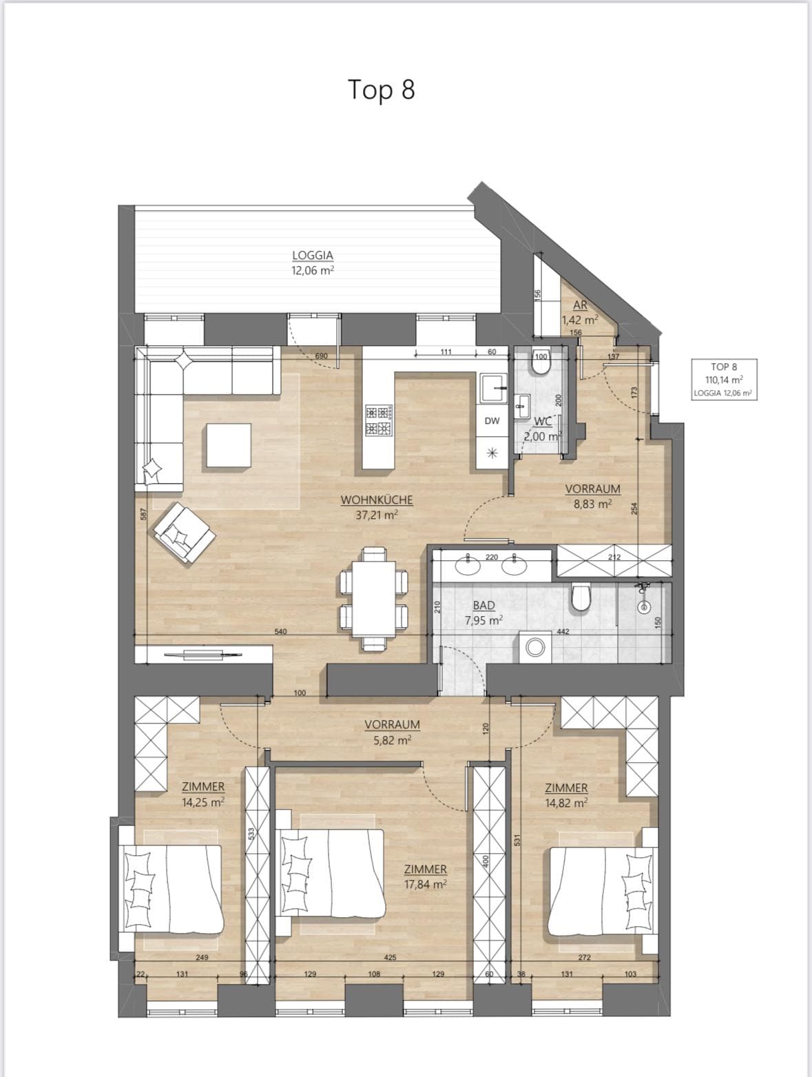 Grundriss Top 1-8 — AH11 — 2 Zimmer — 104,3 m² — 1st floor — Eingang Am Hundsturm