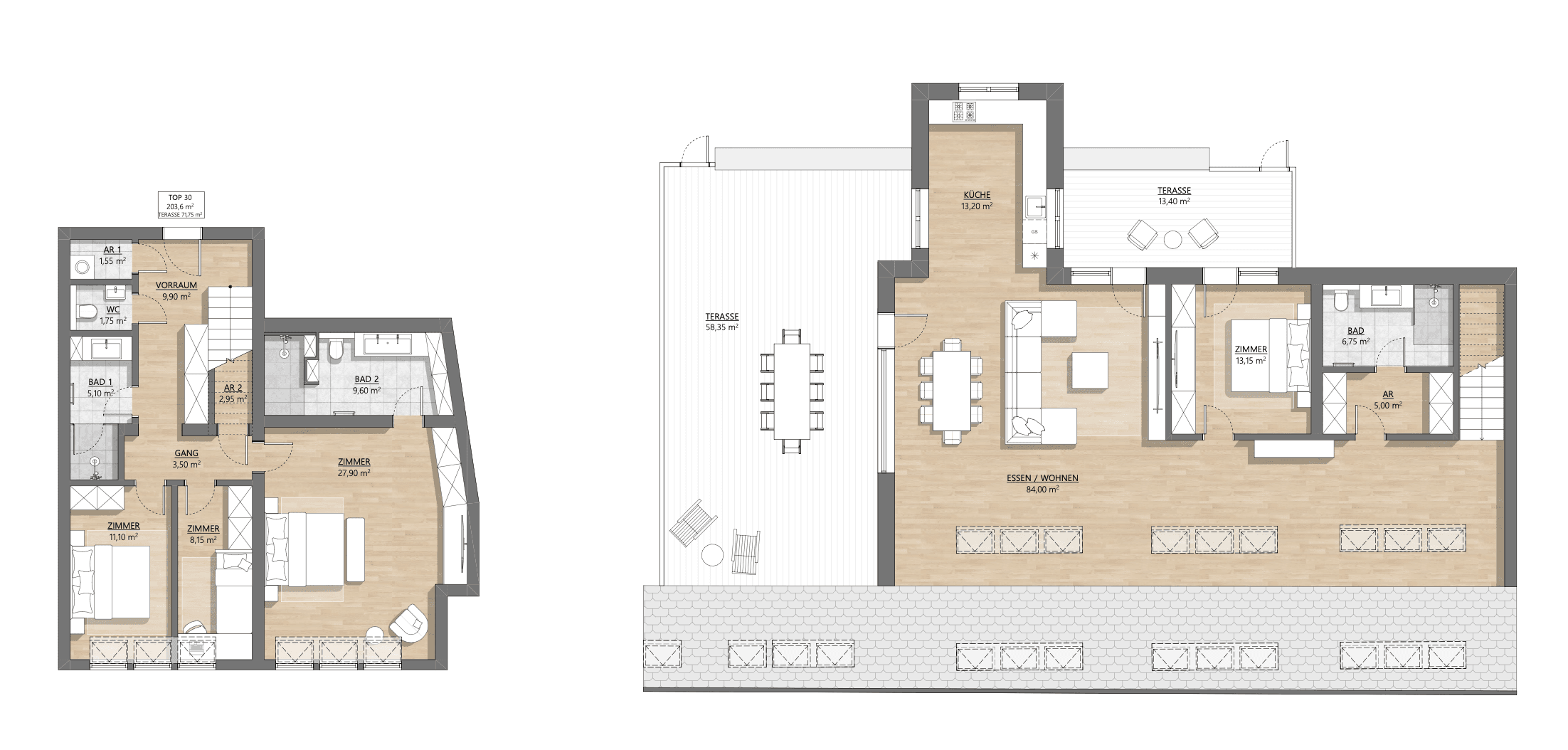 Grundriss Top 1-30 — AH11 — 4 Zimmer — 203,9 m² — Attic floor — Eingang Am Hundsturm — Grundriss 2/2