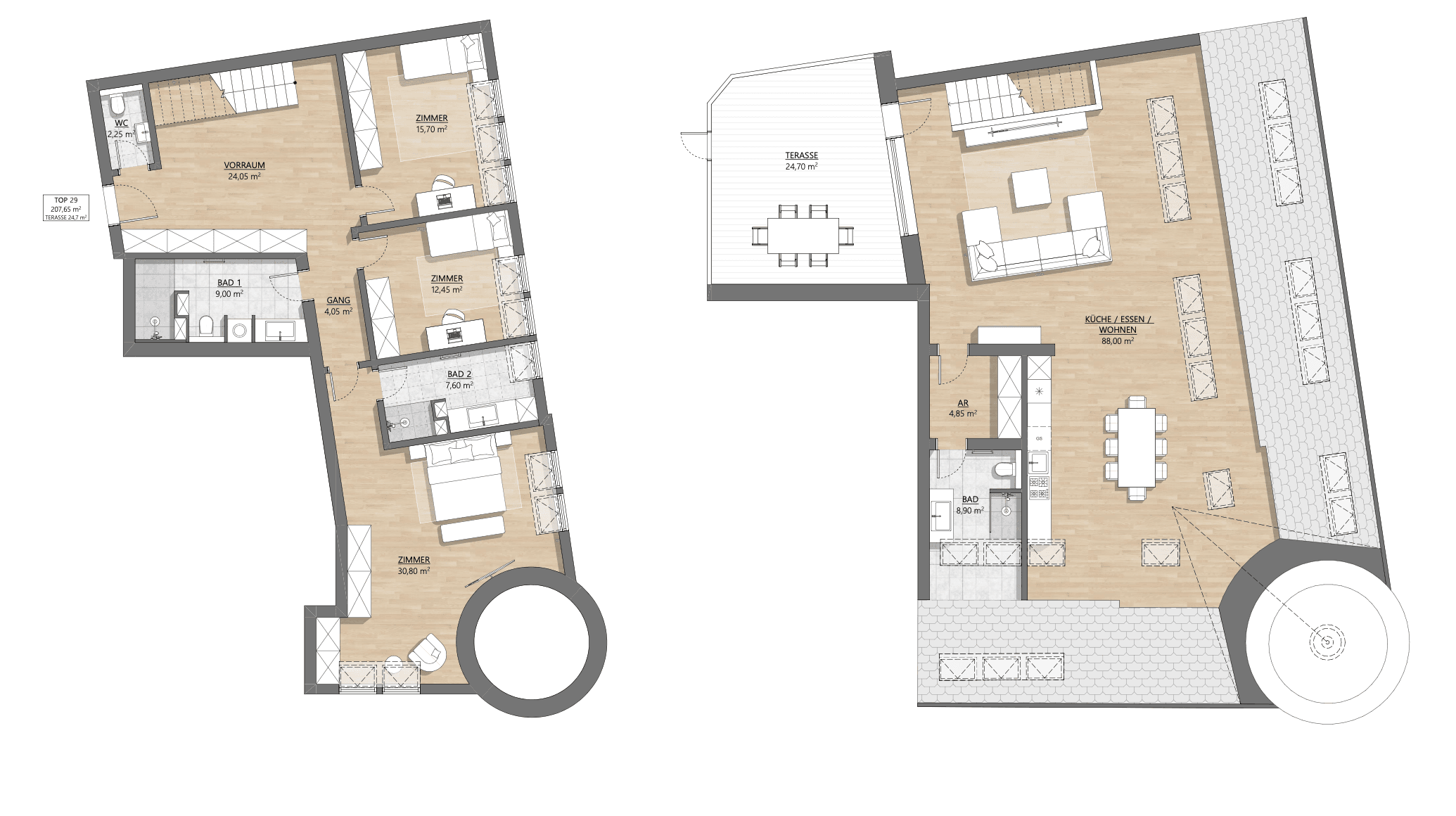 Grundriss Top 1-29 — AH11 — 4 Zimmer — 207,8 m² — Attic floor — Eingang Am Hundsturm — Grundriss 1/2