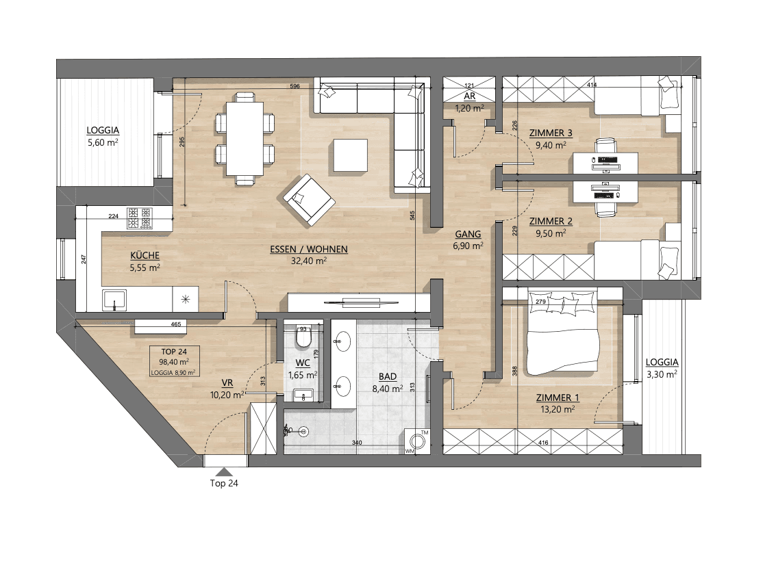 Grundriss Top 1-24 — AH11 — 4 Zimmer — 98,4 m² — 4th floor — Eingang Am Hundsturm — Grundriss 2/2