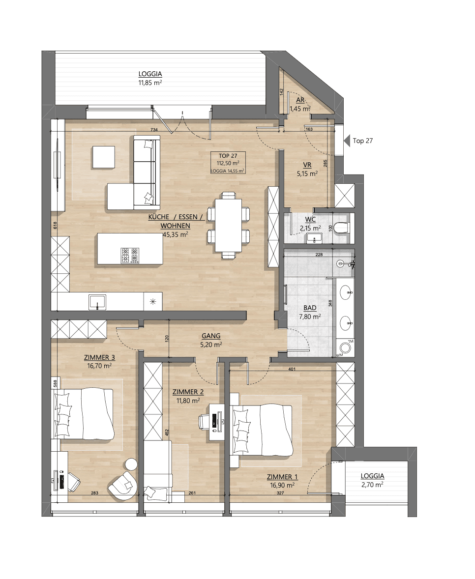 Grundriss Top 1-27 — AH11 — 4 Zimmer — 112,2 m² — 4th floor — Eingang Am Hundsturm — Grundriss 2/2