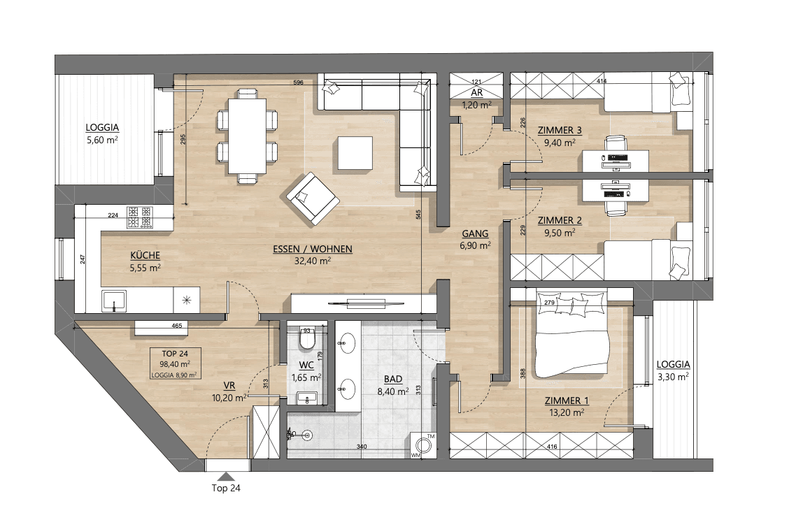 Grundriss Top 1-24 — AH11 — 4 Zimmer — 98,4 m² — 4th floor — Eingang Am Hundsturm — Grundriss 1/2