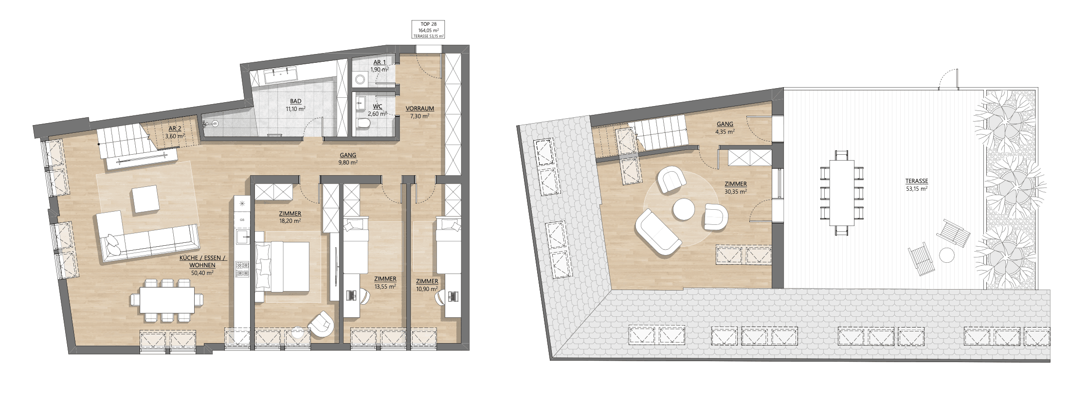 Grundriss Top 2-28 — AH11 — 4 Zimmer — 200 m² — Attic floor — Eingang Embelgasse — Grundriss 2/2