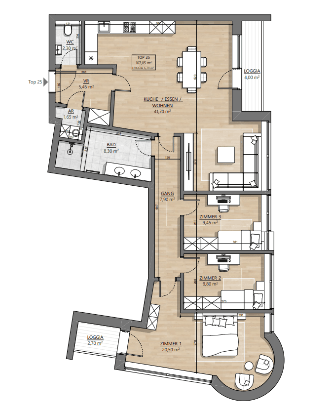 Grundriss Top 1-25 — AH11 — 4 Zimmer — 107,1 m² — 4th floor — Eingang Am Hundsturm