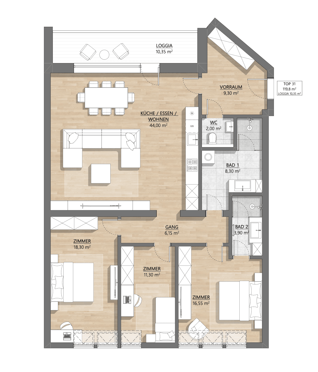 Grundriss Top 1-31 — AH11 — 4 Zimmer — 119,9 m² — Attic floor — Eingang Am Hundsturm — Grundriss 2/2
