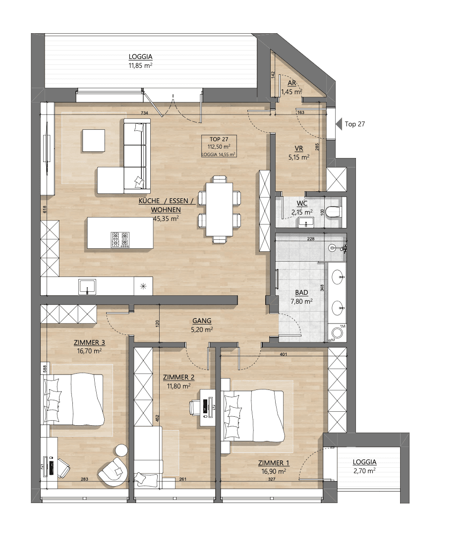 Grundriss Top 1-27 — AH11 — 4 Zimmer — 112,2 m² — 4th floor — Eingang Am Hundsturm — Grundriss 1/2