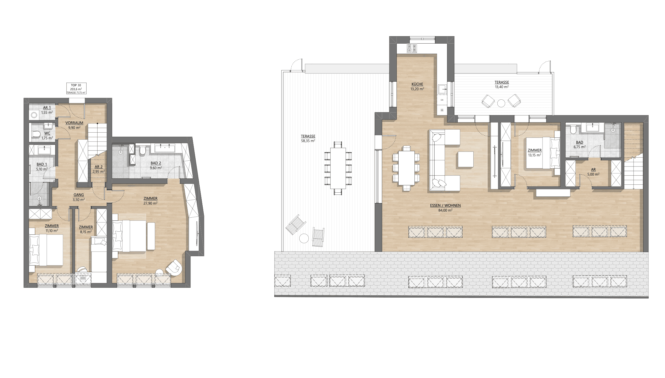 Grundriss Top 1-30 — AH11 — 4 Zimmer — 203,9 m² — Attic floor — Eingang Am Hundsturm — Grundriss 1/2