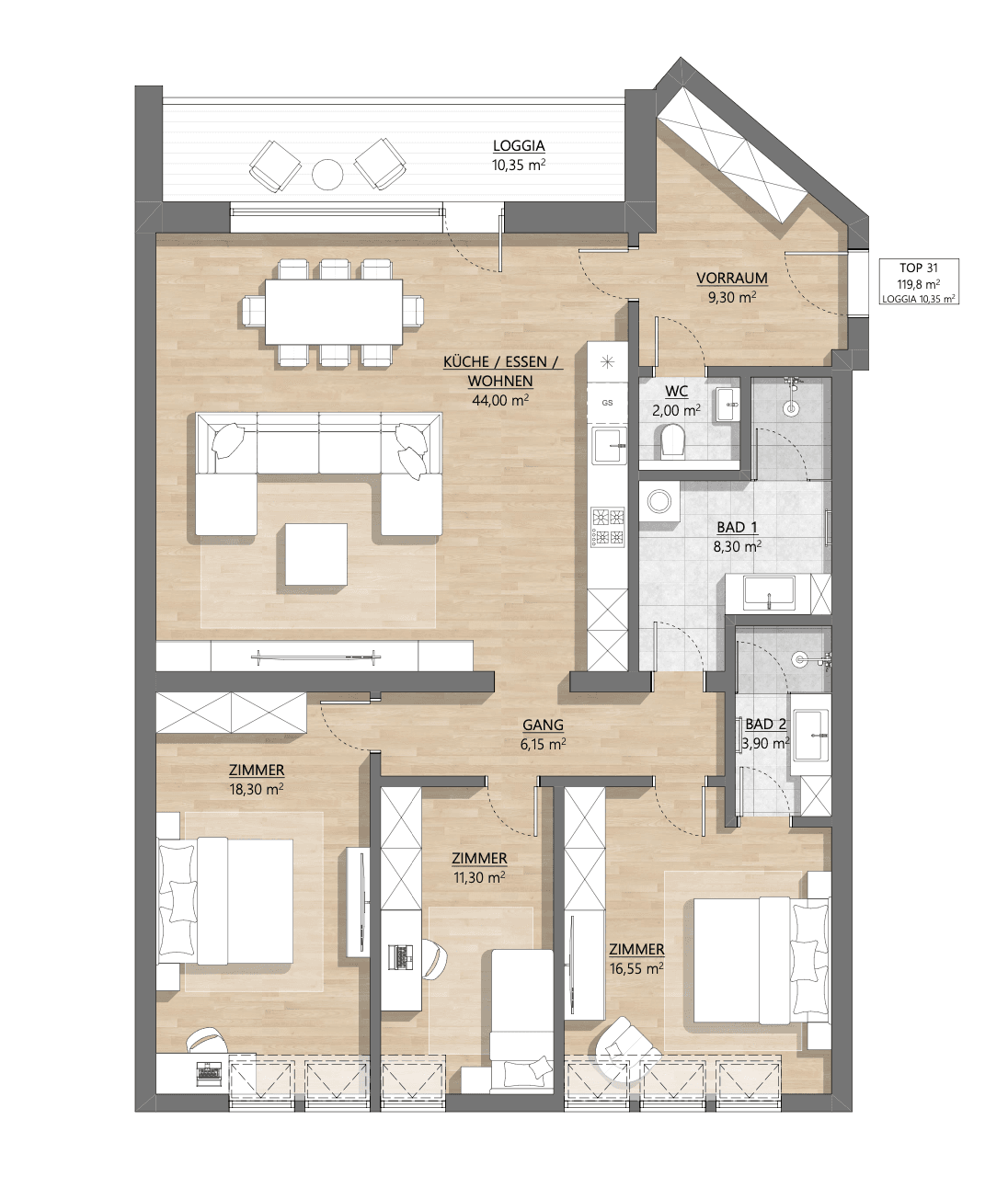 Grundriss Top 1-31 — AH11 — 4 Zimmer — 119,9 m² — Attic floor — Eingang Am Hundsturm — Grundriss 1/2