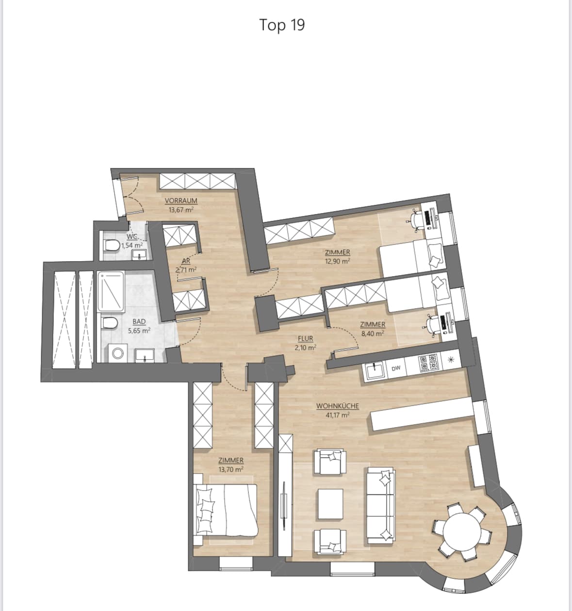 Grundriss Top 1-19 — AH11 — 4 Zimmer — 101,5 m² — 3rd floor — Eingang Am Hundsturm