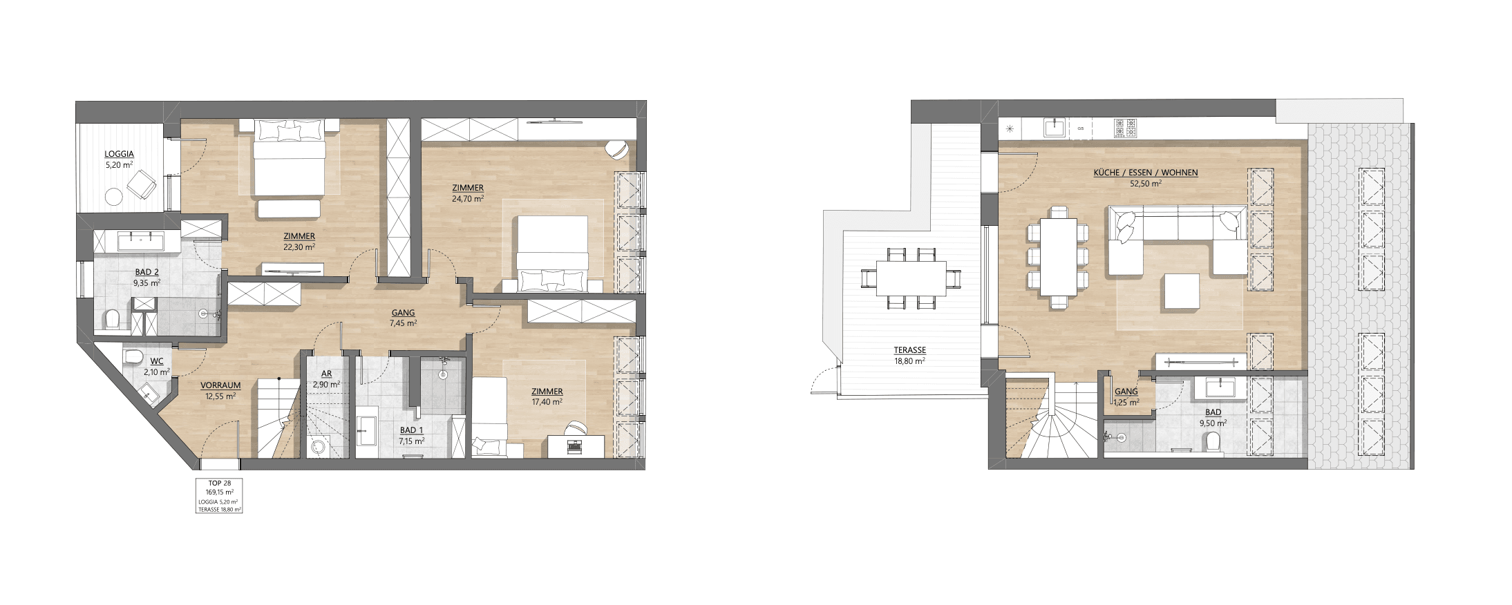 Grundriss Top 1-28 — AH11 — 4 Zimmer — 168,6 m² — Attic floor — Eingang Am Hundsturm — Grundriss 2/2