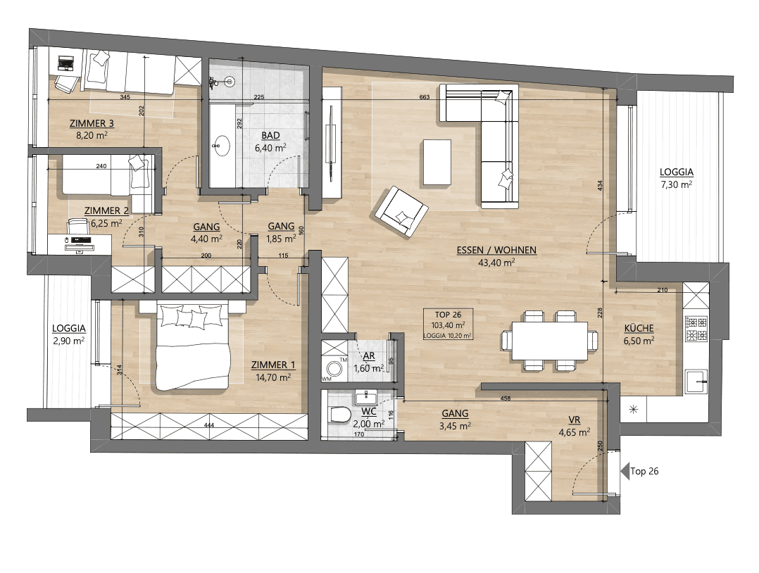 Grundriss Top 2-26 — AH11 — 3 Zimmer — 100,4 m² — 4th floor — Eingang Embelgasse — Grundriss 2/2