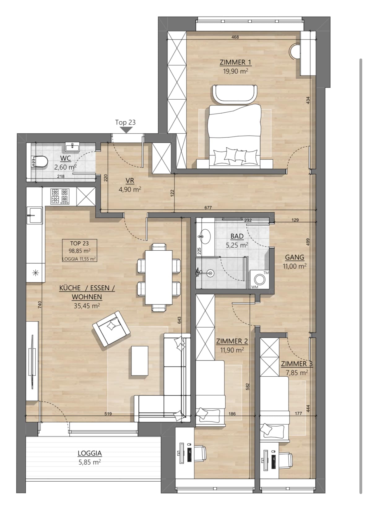 Grundriss Top 2-23 — AH11 — 4 Zimmer — 98,8 m² — 4th floor — Eingang Embelgasse