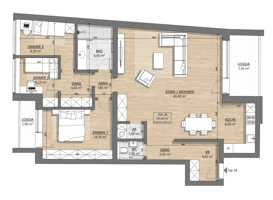 Grundriss Top 2-26 — AH11 — 3 Zimmer — 100,4 m² — 4th floor — Eingang Embelgasse — Grundriss 1/2