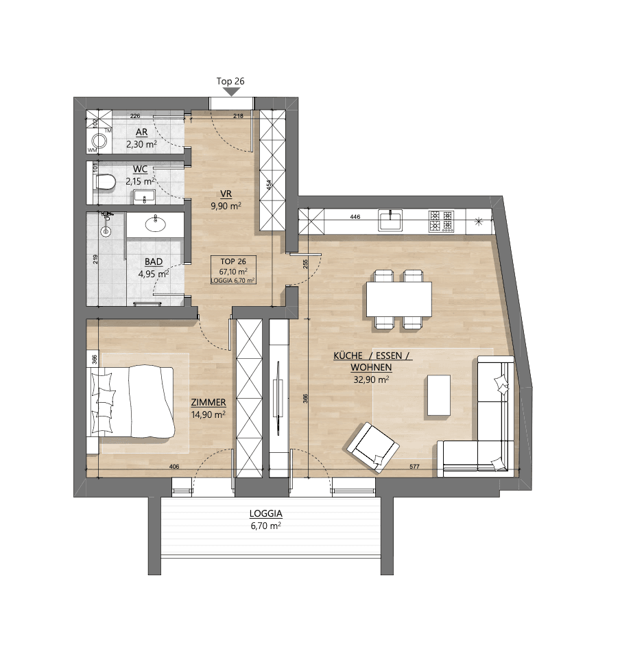 Grundriss Top 1-26 — AH11 — 2 Zimmer — 67,1 m² — 4th floor — Eingang Am Hundsturm — Grundriss 1/2