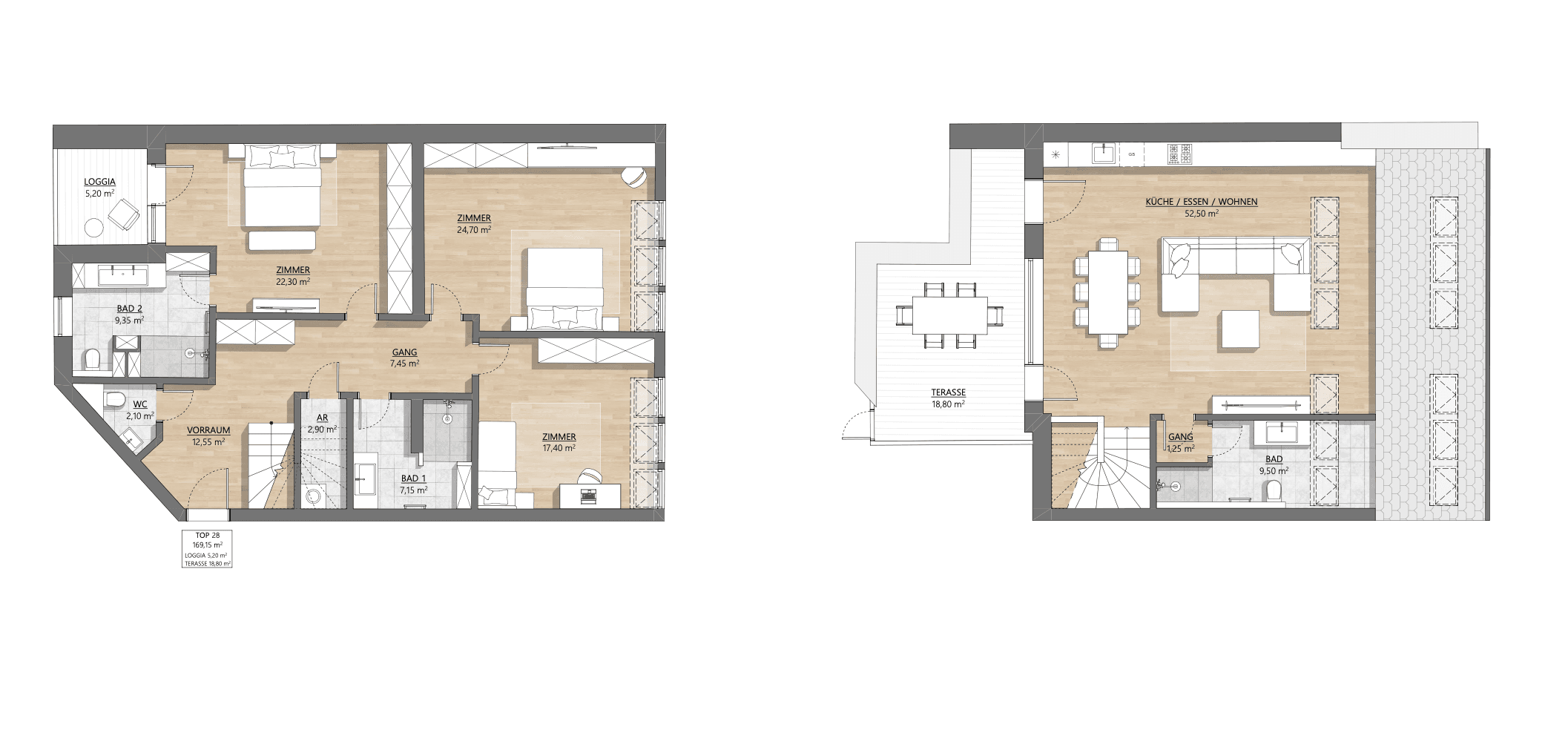 Grundriss Top 1-28 — AH11 — 4 Zimmer — 168,6 m² — Attic floor — Eingang Am Hundsturm — Grundriss 1/2