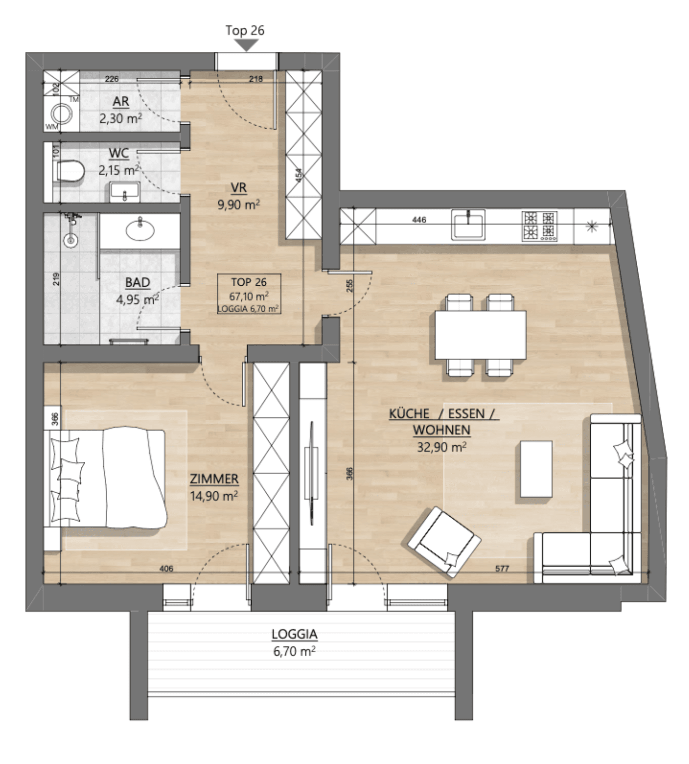 Grundriss Top 1-26 — AH11 — 2 Zimmer — 67,1 m² — 4th floor — Eingang Am Hundsturm — Grundriss 2/2