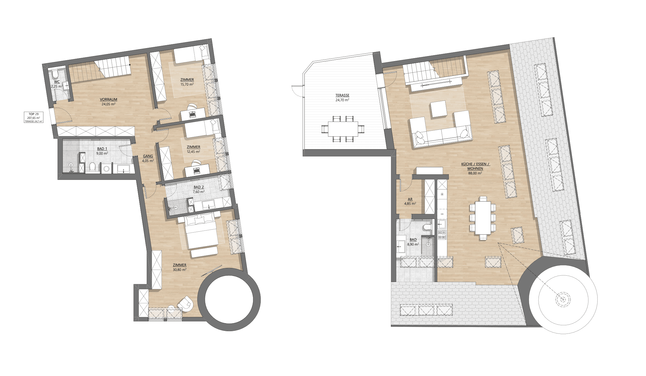 Grundriss Top 1-29 — AH11 — 4 Zimmer — 207,8 m² — Attic floor — Eingang Am Hundsturm — Grundriss 2/2