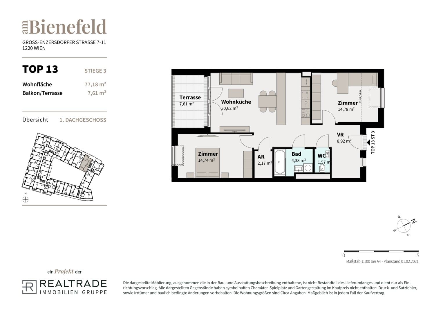Grundriss 13b — Am Bienefeld — 3 Zimmer — 77,2 m² — 1st attic floor