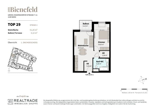 Grundriss 29 — Am Bienefeld — 2 Zimmer — 51,2 m² — 1st attic floor