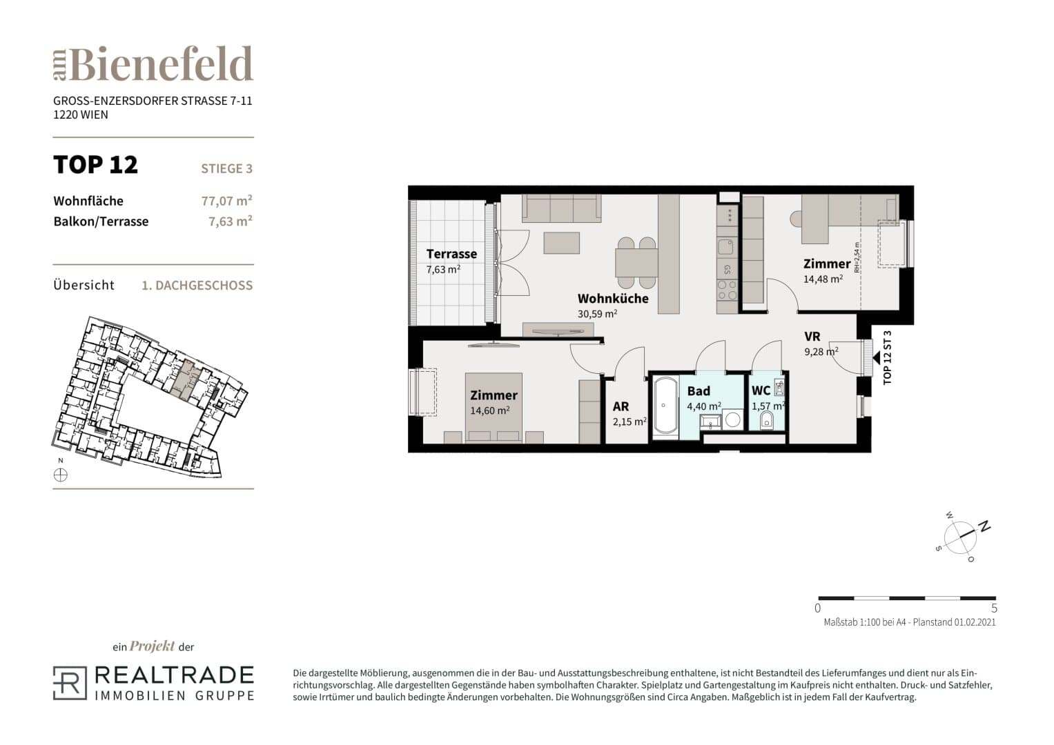 Grundriss 12b — Am Bienefeld — 3 Zimmer — 77,1 m² — 1st attic floor