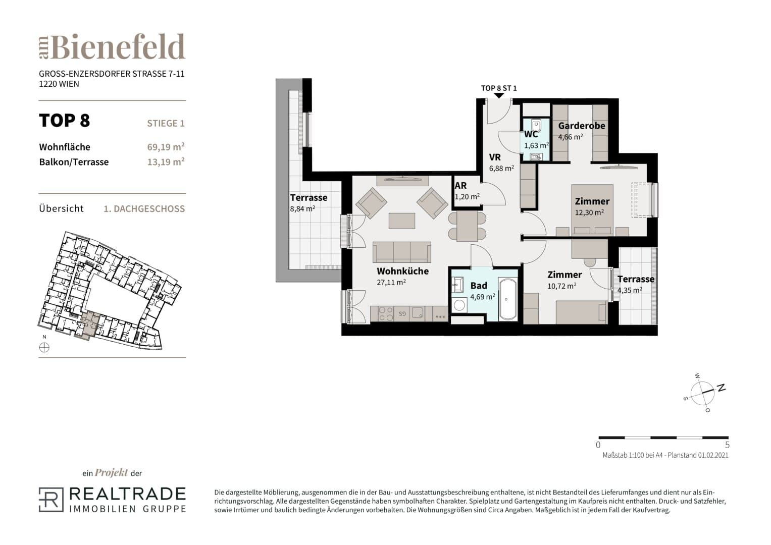 Grundriss 8c — Am Bienefeld — 3 Zimmer — 69,2 m² — 1st attic floor