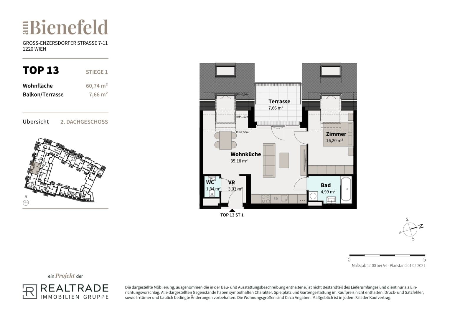 Grundriss 13c — Am Bienefeld — 2 Zimmer — 60,7 m² — 2nd attic floor