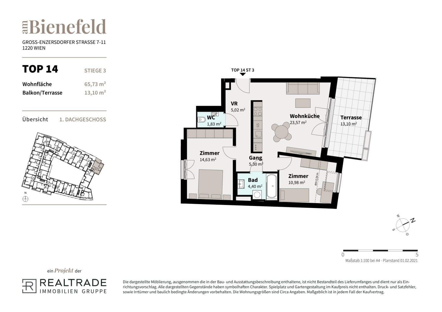 Grundriss 14b — Am Bienefeld — 3 Zimmer — 65,7 m² — 1st attic floor