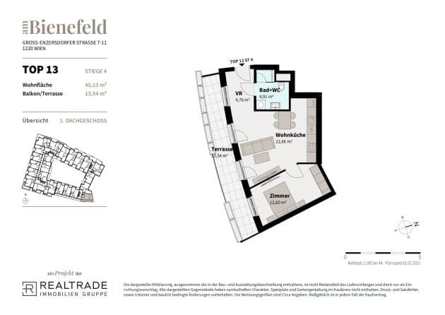 Grundriss 13 — Am Bienefeld — 2 Zimmer — 45,1 m² — 1st attic floor