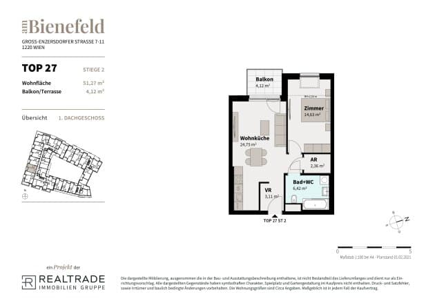 Grundriss 27 — Am Bienefeld — 2 Zimmer — 51,3 m² — 1st attic floor
