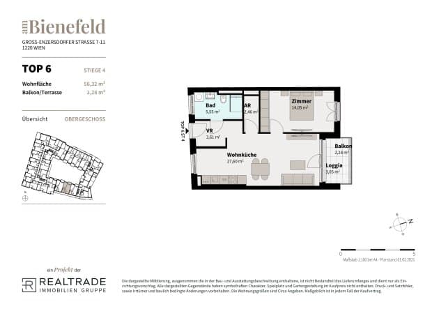 Grundriss 6 — Am Bienefeld — 2 Zimmer — 53,3 m² — 1st floor