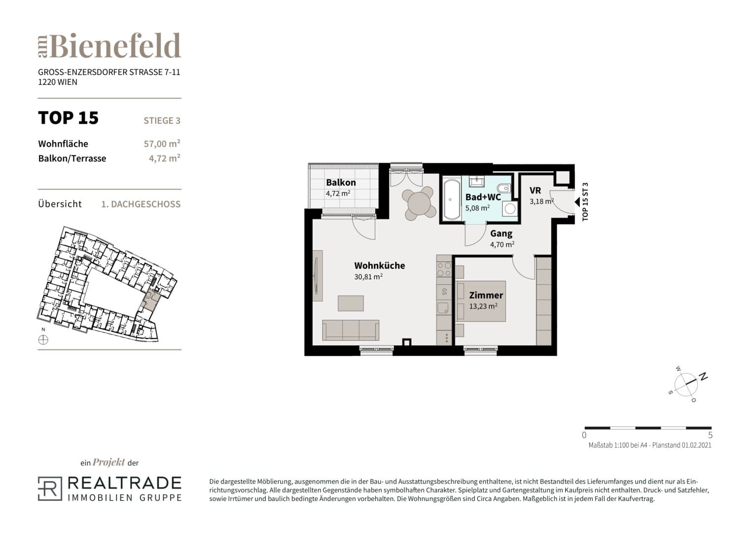 Grundriss 15b — Am Bienefeld — 2 Zimmer — 57 m² — 1st attic floor