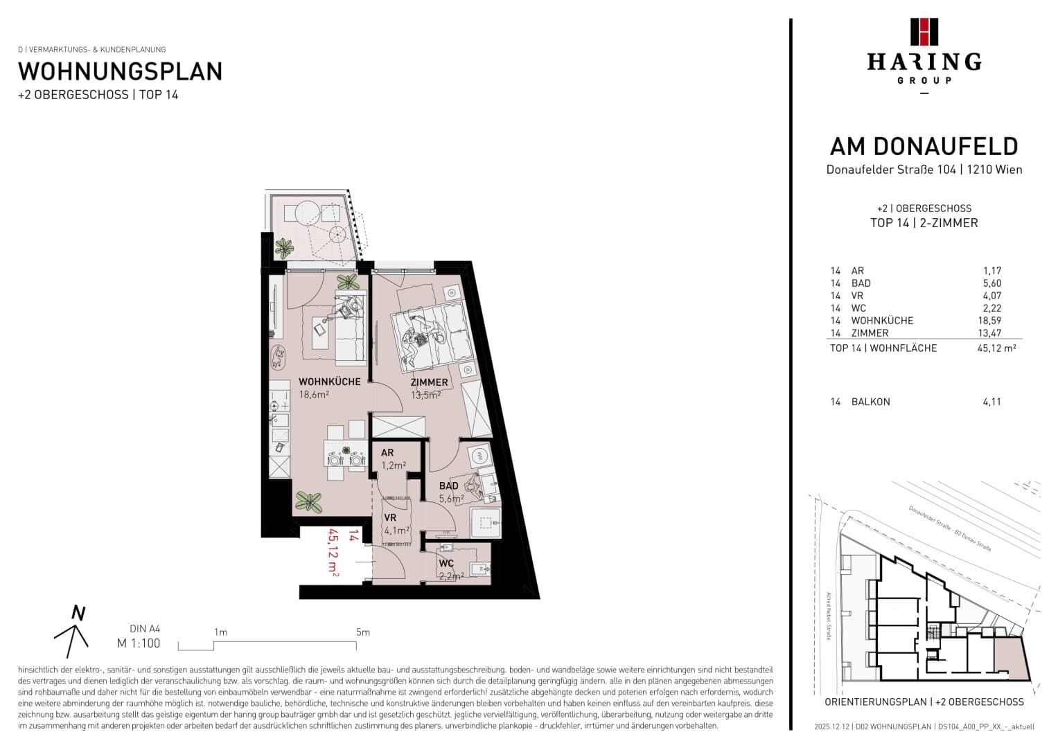 Grundriss Top 14 — Am Donaufeld — 2 Zimmer — 45,1 m² — 2nd floor