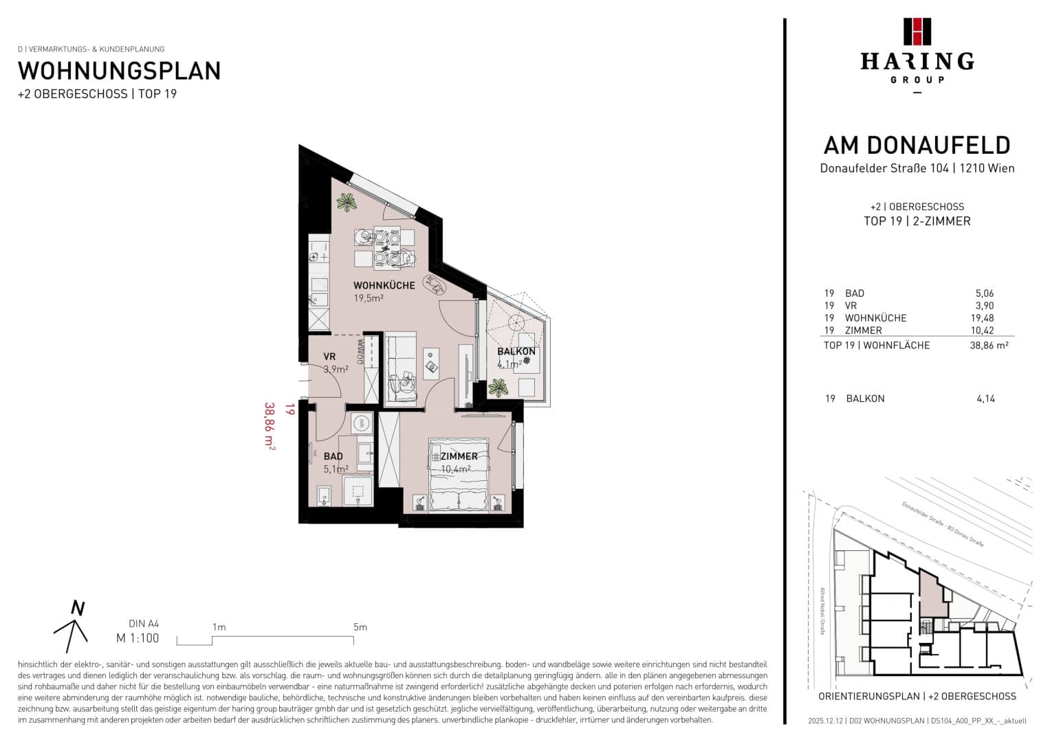 Grundriss Top 19 — Am Donaufeld — 2 Zimmer — 38,9 m² — 2nd floor