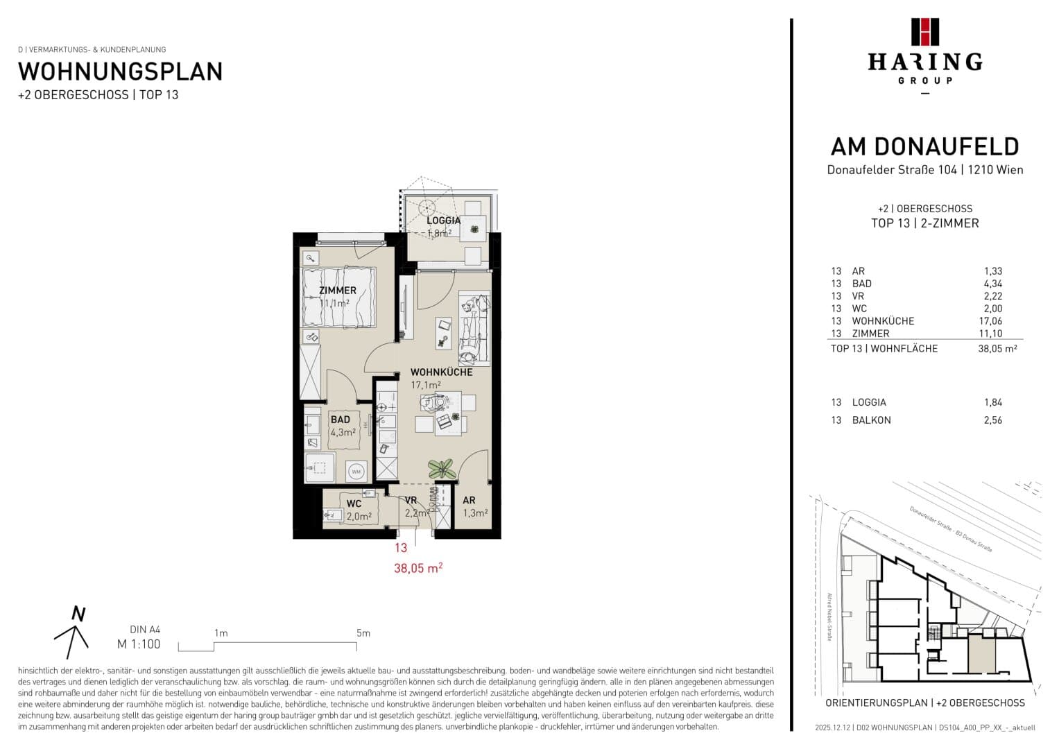 Grundriss Top 13 — Am Donaufeld — 2 Zimmer — 38,1 m² — 2nd floor