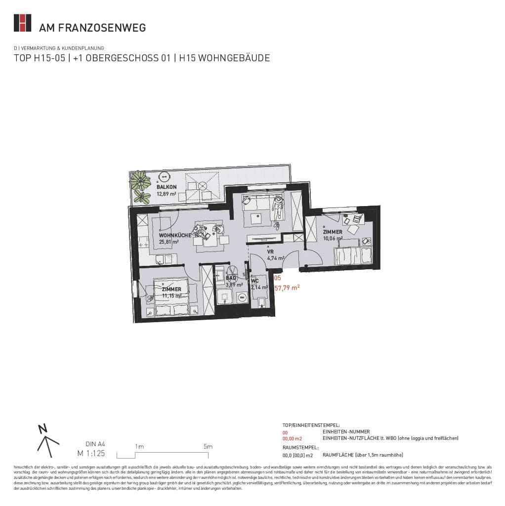 Grundriss Top H15/05 — Am Franzosenweg — 3 Zimmer — 57,8 m² — 1st floor