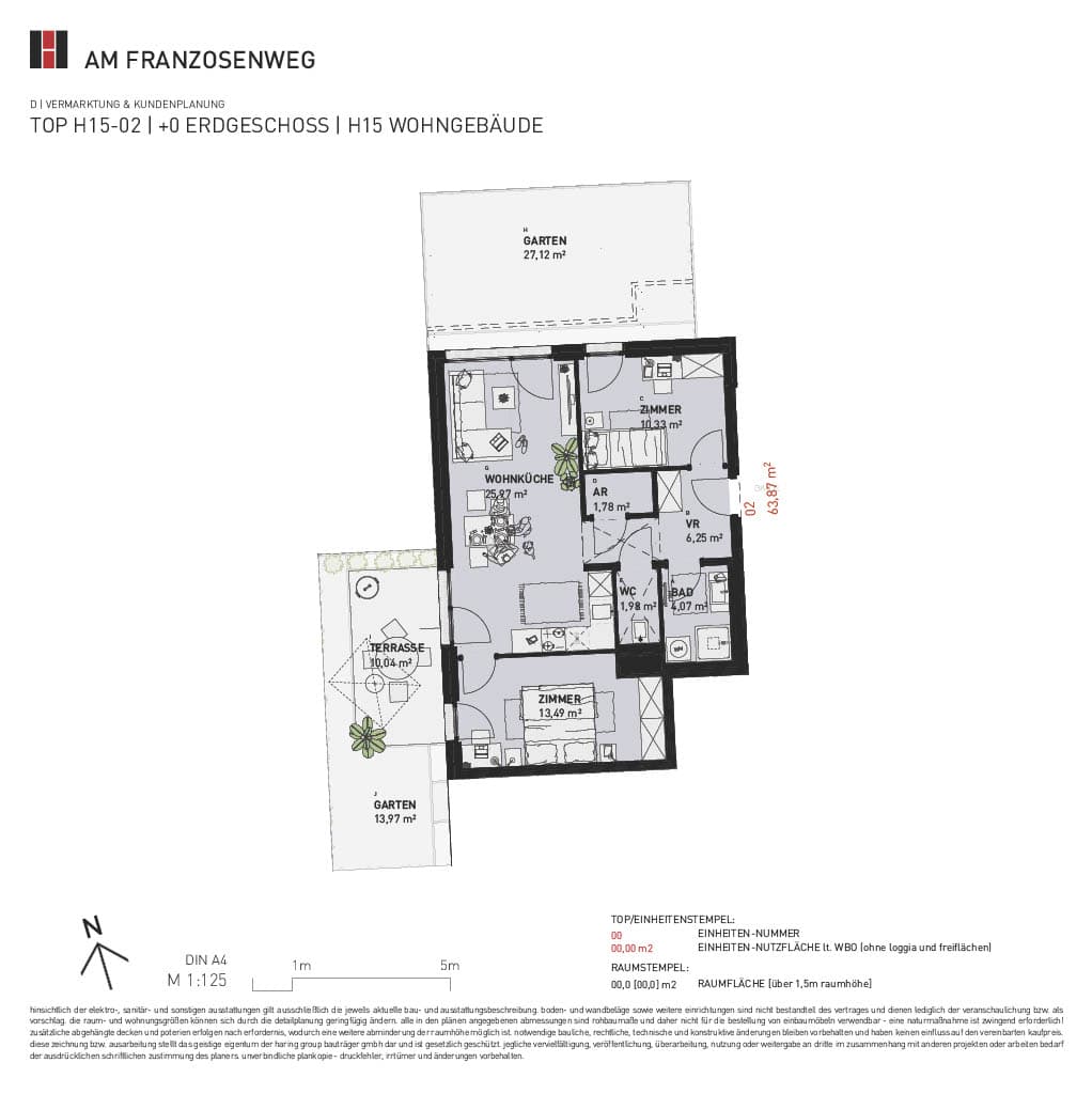 Grundriss Top H15/02 — Am Franzosenweg — 3 Zimmer — 63,9 m² — Ground floor