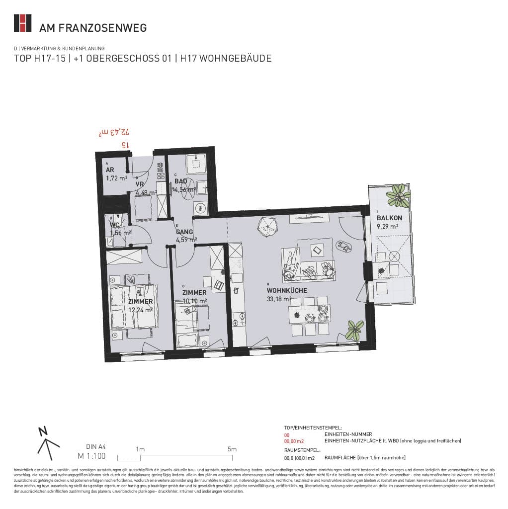 Grundriss Top H17/15 — Am Franzosenweg — 3 Zimmer — 72,4 m² — 1st floor