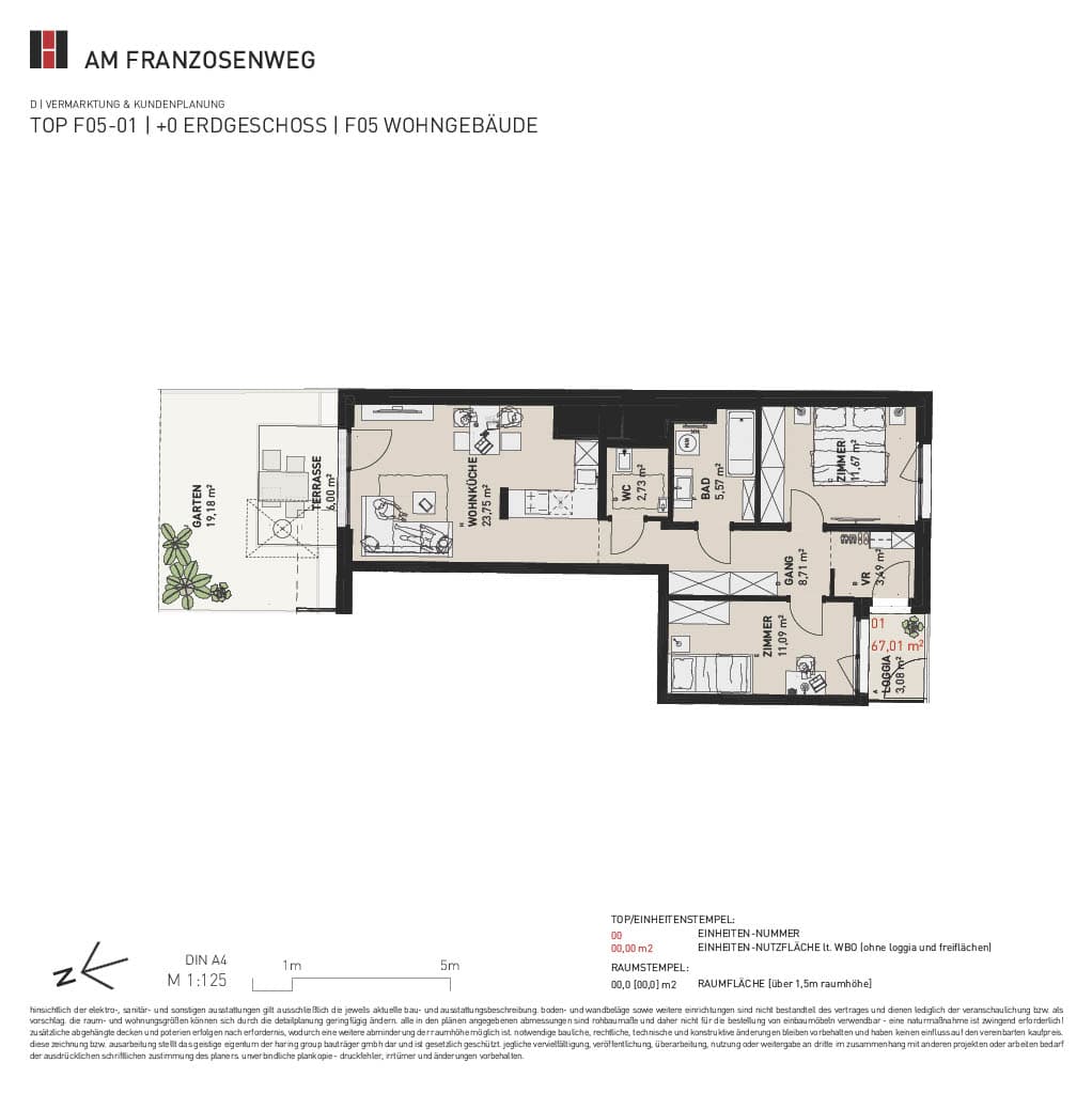 Grundriss Top F05/01 — Am Franzosenweg — 3 Zimmer — 67 m² — Ground floor