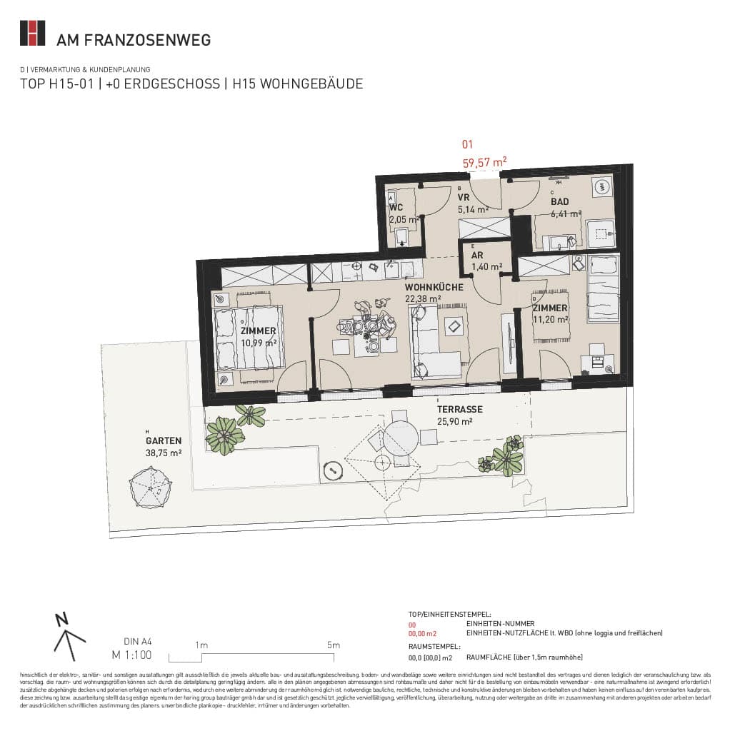 Grundriss Top H15/01 — Am Franzosenweg — 3 Zimmer — 59,6 m² — Ground floor