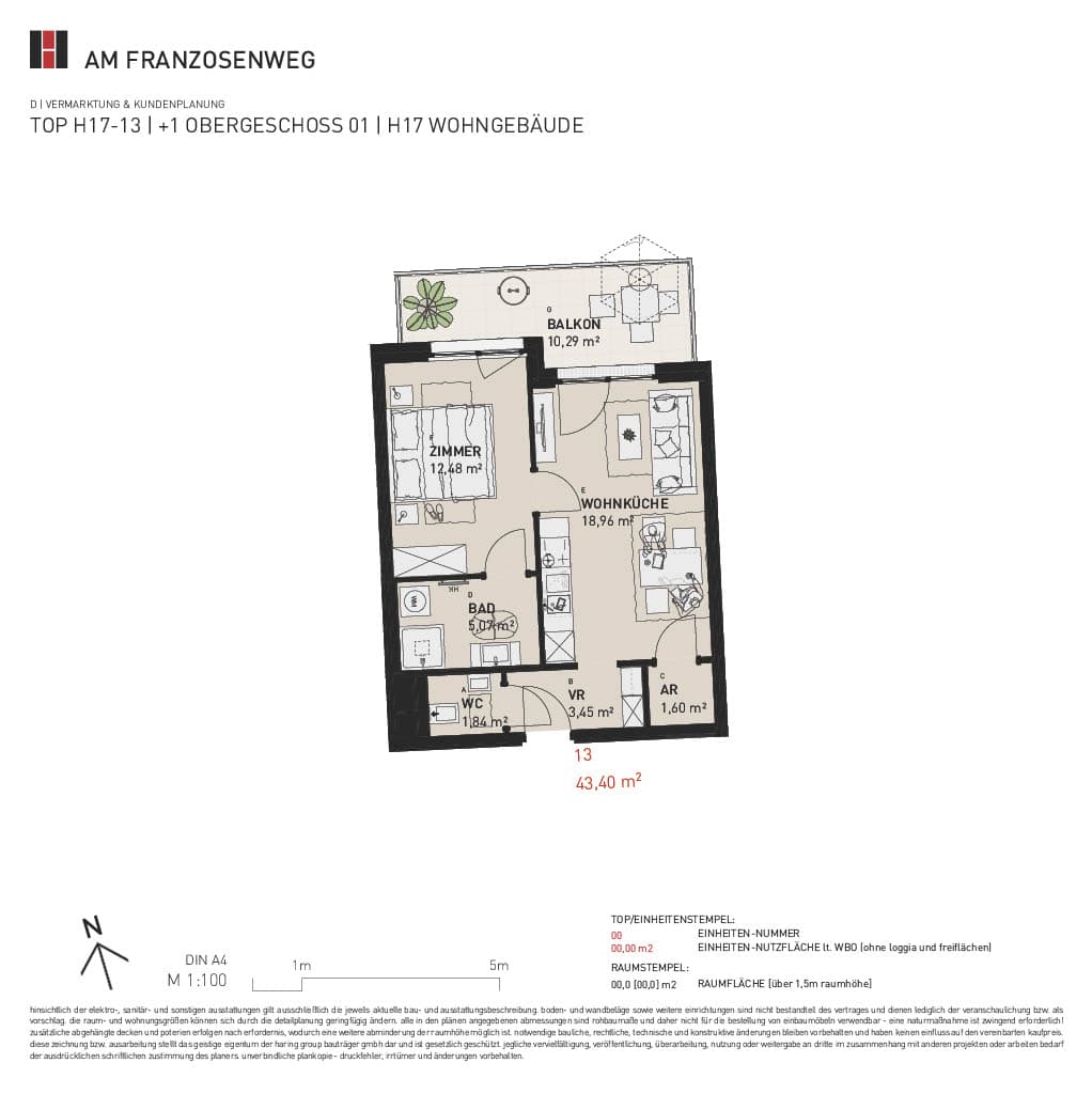 Grundriss Top H17/13 — Am Franzosenweg — 2 Zimmer — 43,4 m² — 1st floor